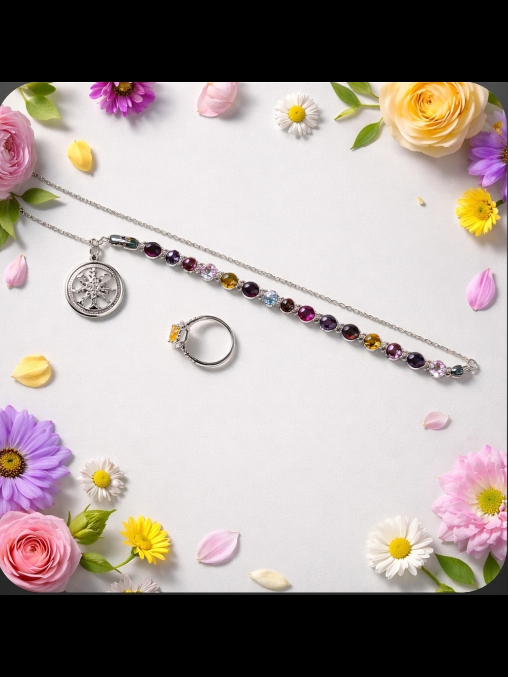 SALE-White Gold FilledMulticolor GemstoneTennis Bracelet and Pendant Necklace$45